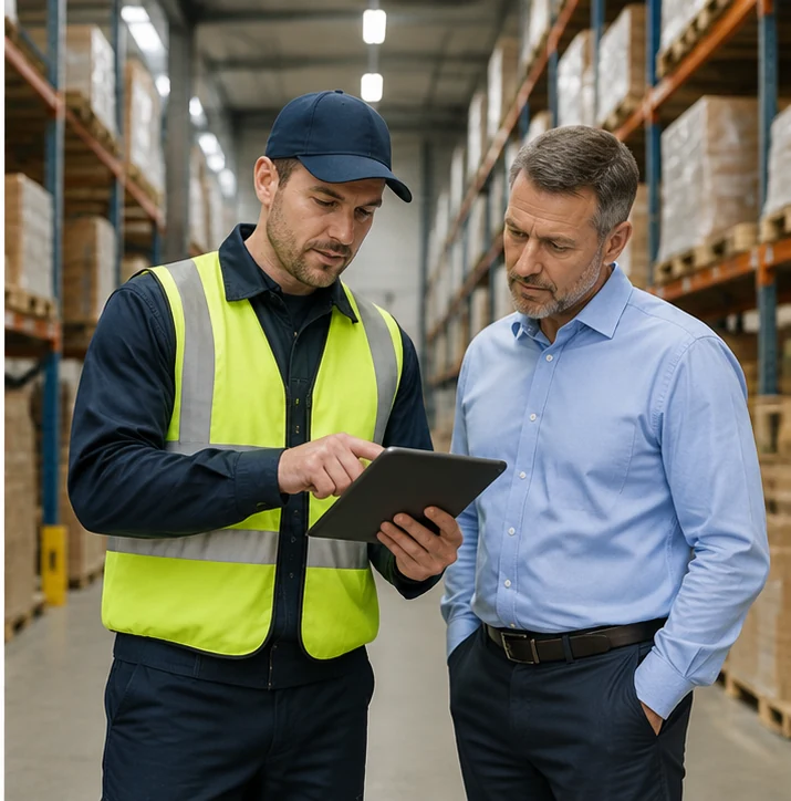 Pest control professional discussing inspection findings with a warehouse manager