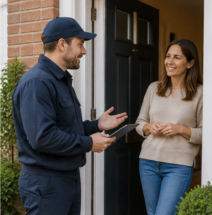 Pest control professional discussing an inspection with a homeowner