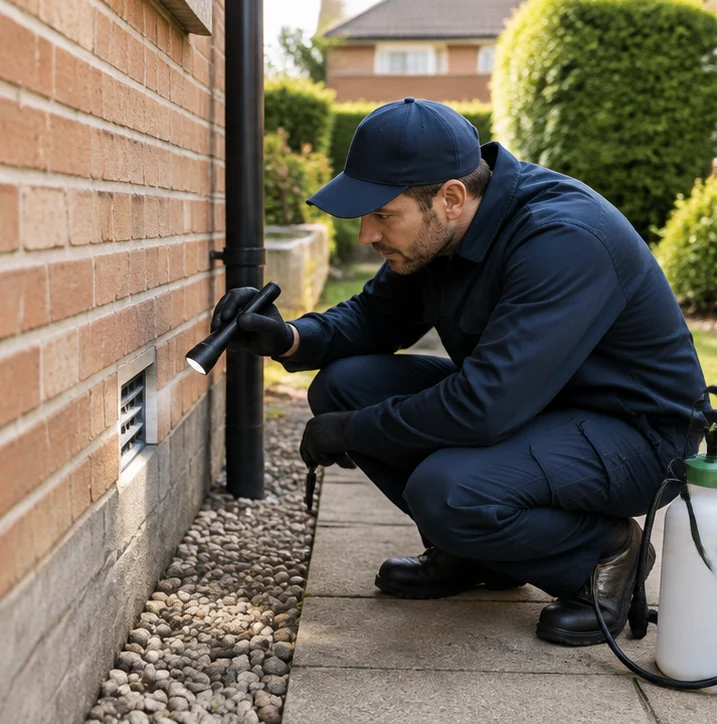 Pest control specialist inspecting the outside of a residential property